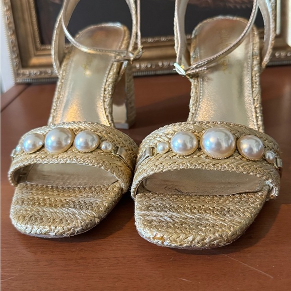 Lilly Pulitzer May Heeled Sandal Raffia Pearl Block Heel Gold Size 6.5 - Picture 8 of 16